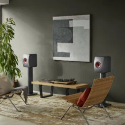KEF LS50 Wireless II Powered Bookshelf Speaker System -Trendy Electronic Audio Supplies Store 20 KEF LS50Wireless II TitaniumGrey S2FloorStand LivingRoom Lifestyle 1050x1050 1