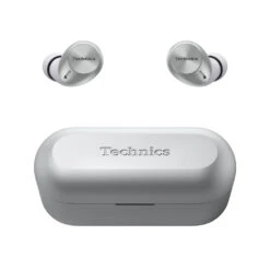 Technics EAH-AZ40M2 True Wireless Noise Cancelling Earbuds -Trendy Electronic Audio Supplies Store EAH AZ40M2 Front Earbuds Out Case Closed S Silver 1050x1050 1